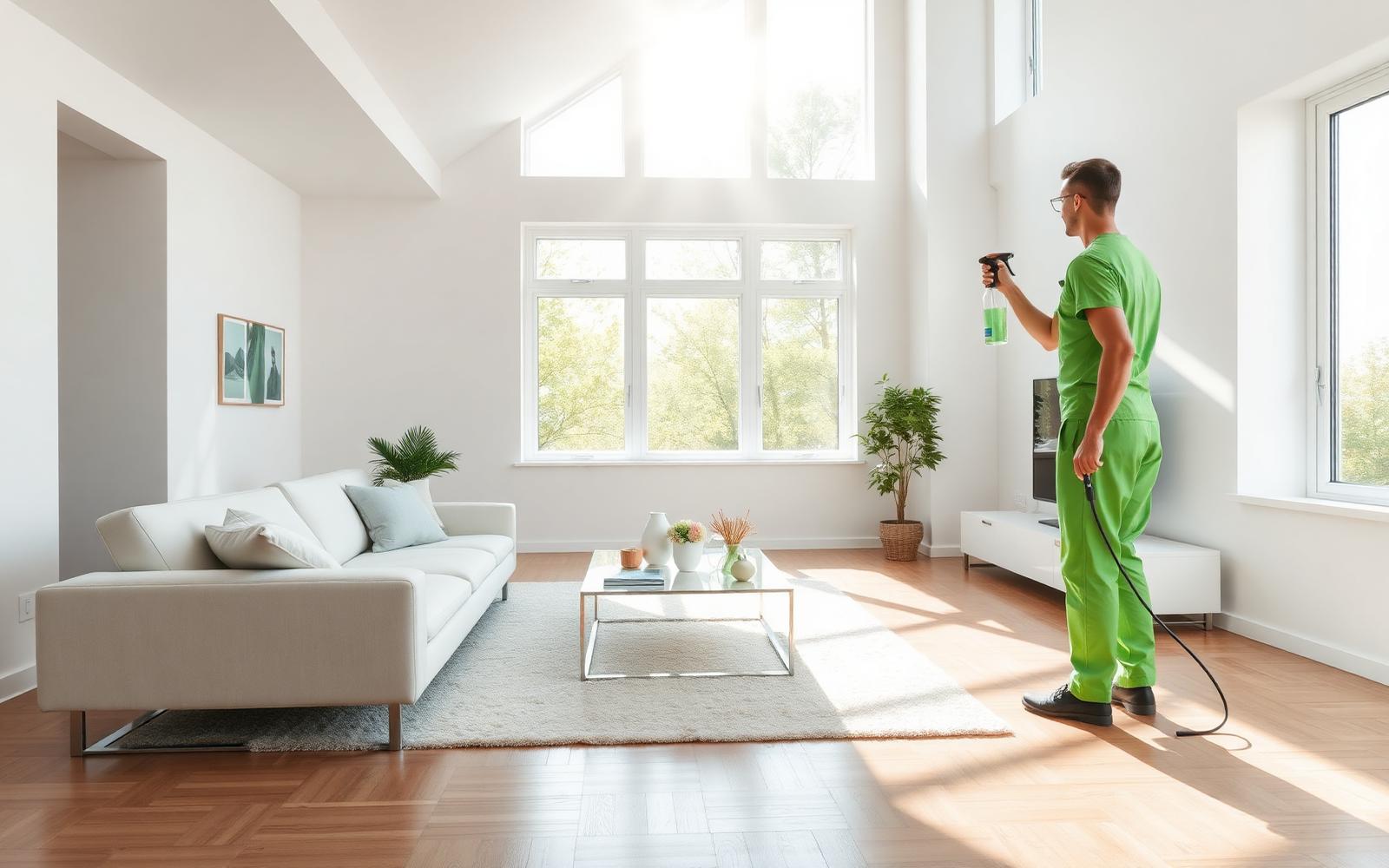 Professional cleaner in a bright, modern living room